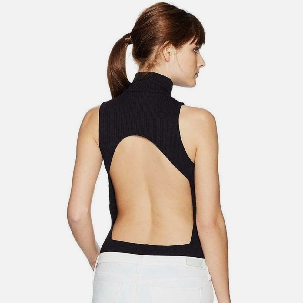 GUESS Black Verena Sleeveless Mock Neck Ribbed Backless Bodysuit Size Large